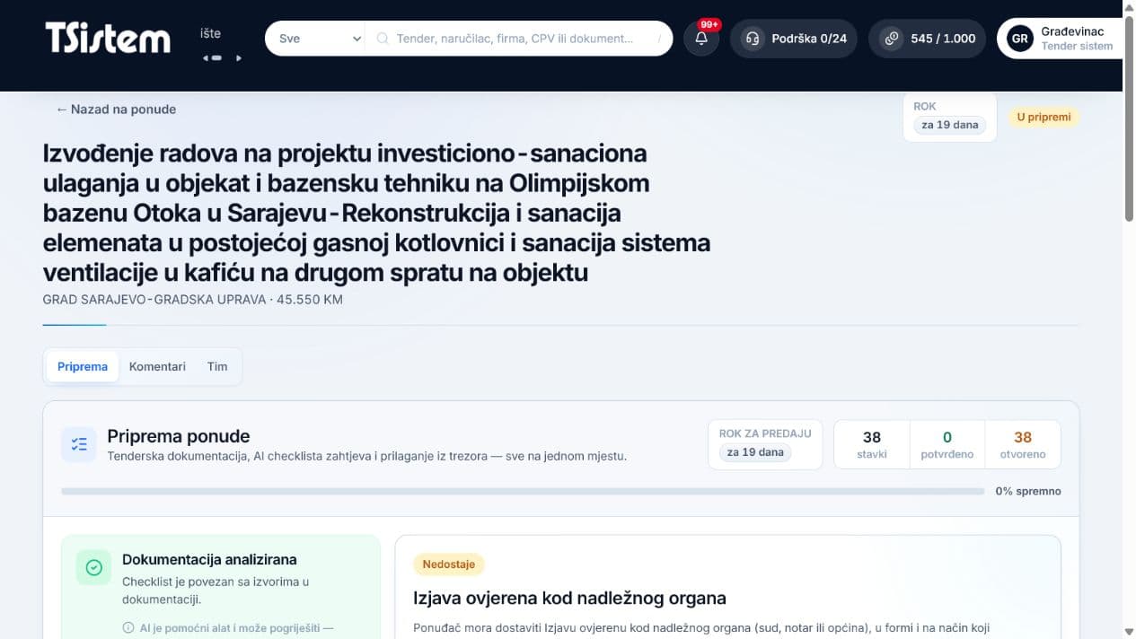 TenderSistem pametna priprema ponude i kontrolna lista zahtjeva iz tenderske dokumentacije